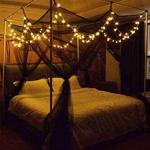 Toldo de cama de 8 esquinas con 100 luces LED con cadena de estrellas,mosquitera, estilo único, 4 puertas, toldo cuadrado para cama, cortinas – recomendado para cama doble de matrimonio, tamaño King