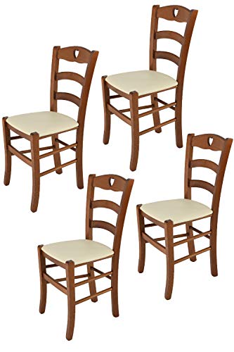 Tommychairs - Set 4 sillas Cuore para Cocina y Comedor, Estructura en Madera de Haya Color Nuez Claro y Asiento tapizado en Polipiel Color Marfil