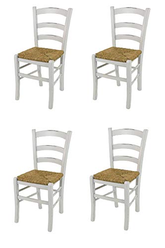 Tommychairs - Set 4 sillas Shabby Chic Venezia para Cocina y Comedor, Estructura en Madera de Haya Envejecida artesanalmente a Mano y Asiento en Paja