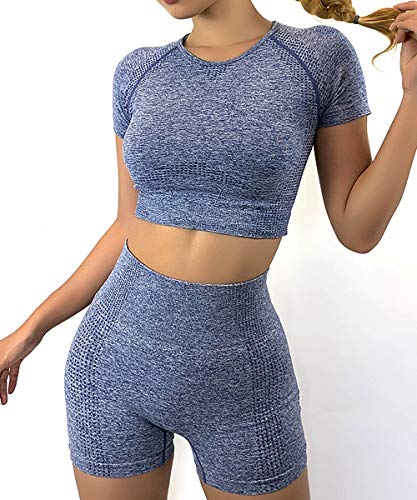 Tops Yoga Camiseta Deportiva Sin Costura Mangas Larga Fitness Mujer Gimnasio Sin Relleno #4 Azul L