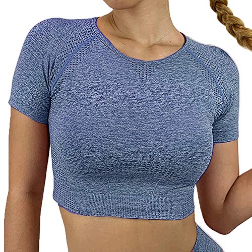 Tops Yoga Camiseta Deportiva Sin Costura Mangas Larga Fitness Mujer Gimnasio Sin Relleno #4 Azul L