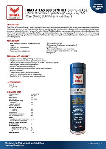 TRIAX Atlas 600, Grasa, Completamente sintética de Alta Temperatura, NLGI-2, para cojinetes de Ruedas, Rendimiento Ultra Alto para Trabajo Pesado, Alta adhesión, Alto ïndice EP, 14 oz (Paquete de 10)