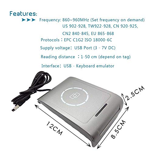 UHF RFID USB 860 – 960 mhz Frecuencia Lector de Escritorio con emulación de teclado Salida para aparcamiento Aplicación ISO18000 – 6C (EPC C1G2) + 2 etiquetas de prueba UHF