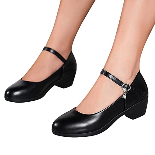 Uribaky - Zapatos de tacón para mujer, con punta redondeada, poco profundo, de piel mediana, para mujer, estilo casual, elegantes, informales, zapatos de caminar, Negro , 40 EU