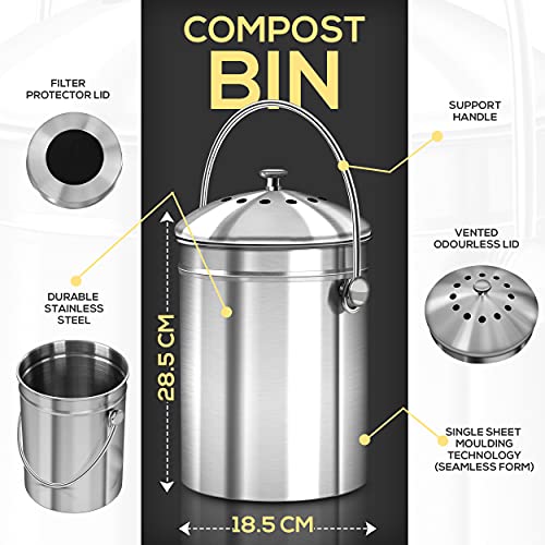Utopia Kitchen [5 litros Recipiente de compostaje de Acero Inoxidable para encimera de Cocina - Cubeta de compostaje - Incluye 1 Filtro de carbón de Repuesto