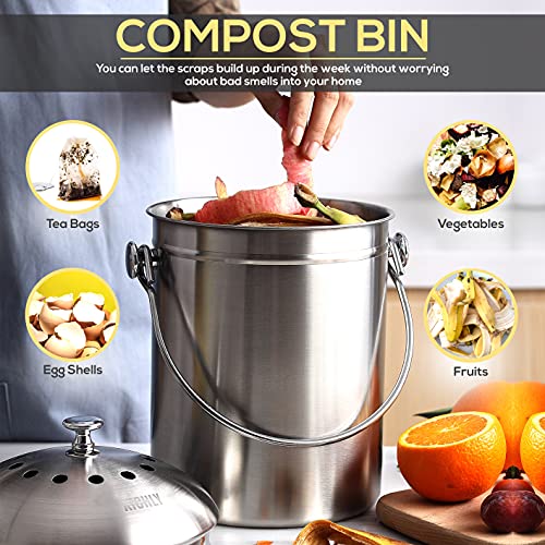 Utopia Kitchen [5 litros Recipiente de compostaje de Acero Inoxidable para encimera de Cocina - Cubeta de compostaje - Incluye 1 Filtro de carbón de Repuesto