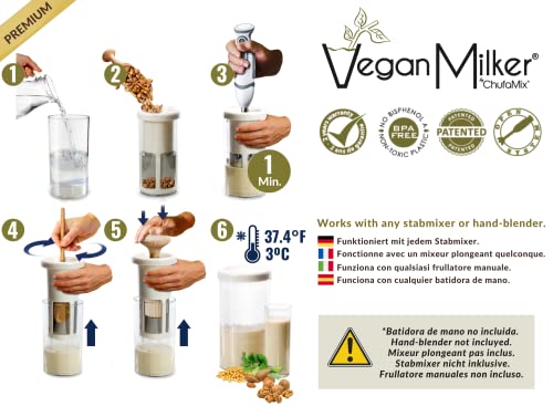 Vegan Milker Premium by ChufaMix, Utensilio para hacer leche vegetal. Filtro Colador para bebida vegetal, Capacidad 800 ml, Filtro de acero inox, Mortero de madera, Fabricado en España, eBook recetas