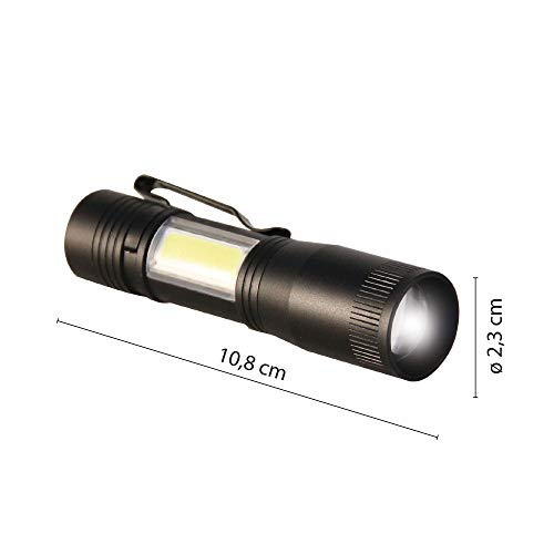 Velamp Thor Lámpara de inspección LED de 1W con Clip Lateral. Antorcha de 80 lúmenes y Linterna de mazorca para Coche, Pesca, Emergencia Aluminio. Tácticas, con Zoom, Negro