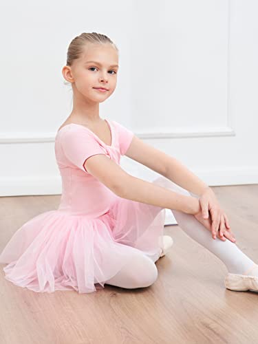 Vestido de Ballet para Niñas Manga Larga de Maillot de Danza Tutú Gimnástico de Algodón Leotardo Traje de Ballet (Rosa Manga Corta, 100)