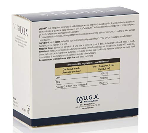 VitaDHA omega 3 liquido | Alta dosis de Omega-3 DHA 1450 mg | Aceite de pescado líquido | Destilacion molecular | Sabor a limón natural | 30 viales de dosis única x 6.5ml