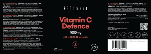 Vitamina C 1000 mg con Bioflavonoides y Zinc, 270 Comprimidos | Apoya el sistema inmune y reduce la fatiga | Vegano, sin aditivos, No-GMO, sin alérgenos | de Zenement