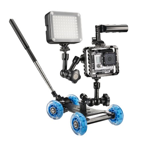 Walimex Pro Dolly Action - Juego para GoPro I, Incluye Dolly, Jaula Aptaris para GoPro, Brazo articulado y LED 80 para vídeo