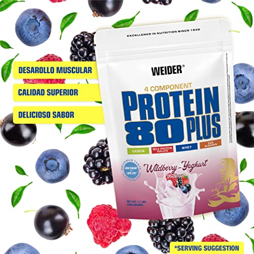 WEIDER Protein 80 Plus Multi-Component Protein Shake Powder, Sabor Frutas del BosqueCasein & Whey, Low Carb, 500g