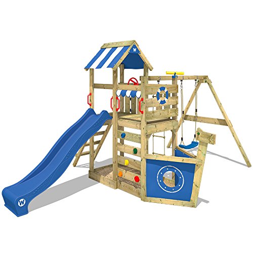 WICKEY Parque infantil de madera SeaFlyer con columpio y tobogán azul, Casa de juegos de jardín con arenero y escalera para niños