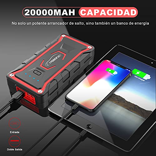 YABER Arrancador de Coches, 20000mAh 1600A Arrancador de Baterias de Coche (para Todo vehículo de Gasolina o 7.0L de Diesel) de IP68 Impermeable, Carga Rápida