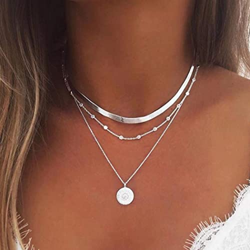 Yean - Collar de capas para mujeres y niñas: collar de plata, cadena con colgante de moneda y cadena con cuentas de estilo boho