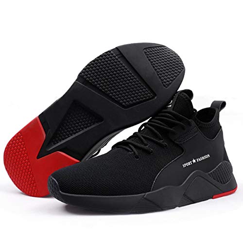 YISIQ Zapatos de Seguridad para Hombre Mujer Transpirable Ligeras con Puntera de Acero Trabajo Calzado de Zapatos de Industrial y Deportiva Unisex, 09 Negro Rojo, 42 EU
