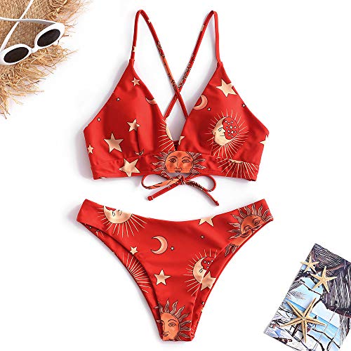 ZAFUL Conjunto de Bikini Acolchado con Tirantes de Espagueti Traje de Baño con Estampado de Estrella Sol y Luna para Mujer Multi-A M