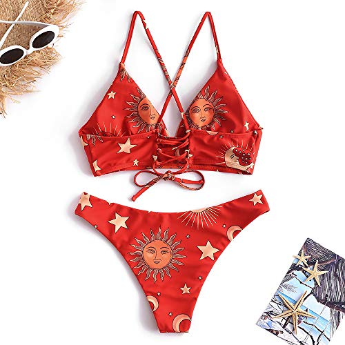 ZAFUL Conjunto de Bikini Acolchado con Tirantes de Espagueti Traje de Baño con Estampado de Estrella Sol y Luna para Mujer Multi-A M