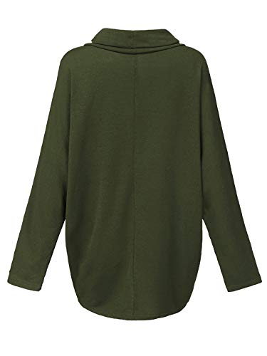 ZANZEA Sudaderas Mujer Cuello Alto Camiseta Manga Larga Irregular Pullover Color Sólido Jersey X-Verde Militar Cuello Alto M