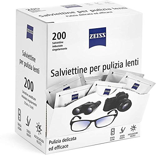 Zeiss Toallitas desechables para lentes – para todos los tipos de lentes, para gafas, cámaras y smartphones, sin arañazos y manchas, secado rápido, 200 unidades envasadas individualmente