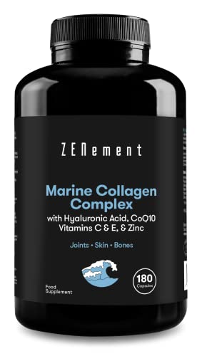 Zenement | Complejo de Colágeno Marino, con Ácido Hialurónico, CoQ10, Vitaminas C & E y Zinc, 180 Cápsulas | Péptidos que ayudan a mantener Articulaciones, Piel y Huesos | Sin conservantes